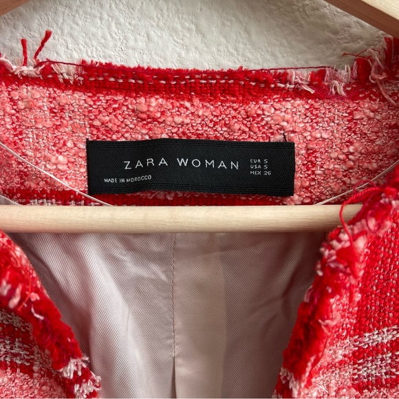 ZARA Red Pink Blogger Favorite Plaid Tweed Fringe Ruffle Cropped Blazer Jacket - Picture 9 of 13